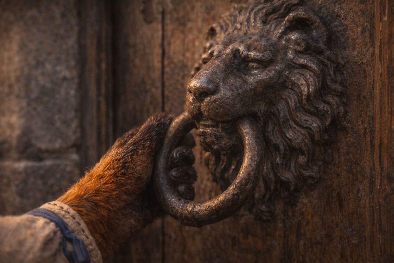 A fox paw gripping a lion-head door handle — Lviv's heraldic guardian in stone